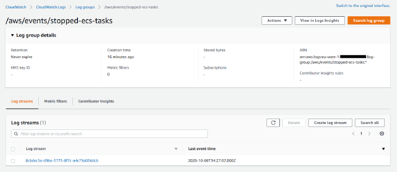 CloudWatch Log Stream with ECS stopped task details